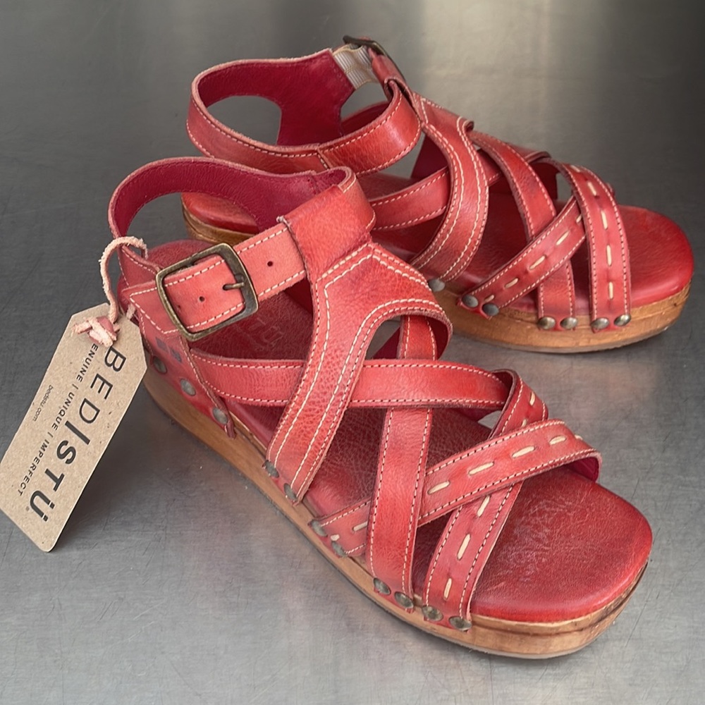 Bed Stu “Shirley” strawberry red leather platform sandals. New in original box! - Picture 7 of 7
